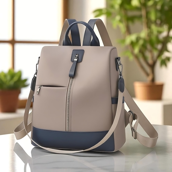 🆕️Eco-Luxe Nylon and Vegan Leather Two-Tone Backpack Trendy Spacious Travel - Picture 1 of 10